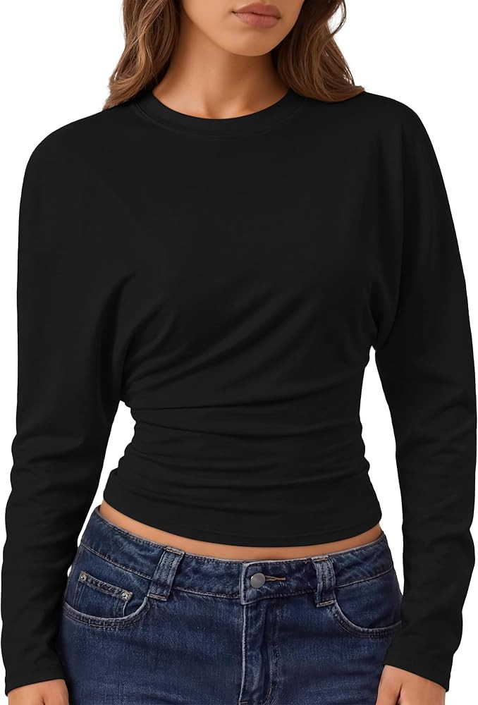 ZESICA Women's Batwing Long Sleeve Shirts Cinched Waist Crop Going Out Tops | Amazon (US)