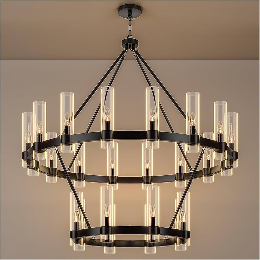 48 Inch Black Wagon Wheel Chandelier 2 Tier with Glass Shade, 24 Lights, Modern Farmhouse Style, ... | Amazon (US)