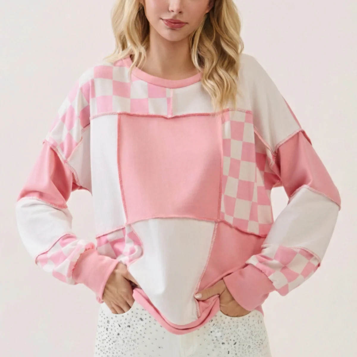 Blush Check Patchwork Sweatshirt | Whiskey Darling Boutique