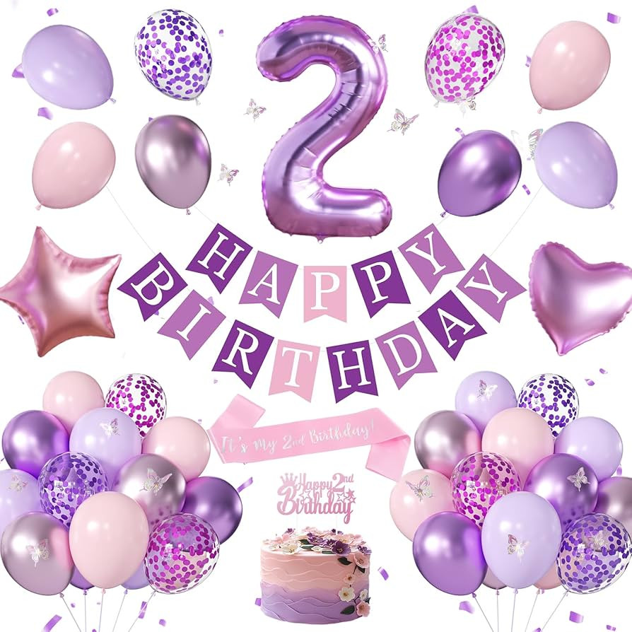 2nd Birthday Decoration for Girls, Pink Purple 2nd Girl Party Decorations with Happy Birthday Ban... | Amazon (US)