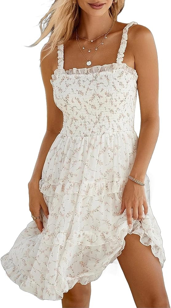 Women's 2024 Summer Floral Dress Square Neck Strapped Swing A Line Beach Dress | Amazon (US)