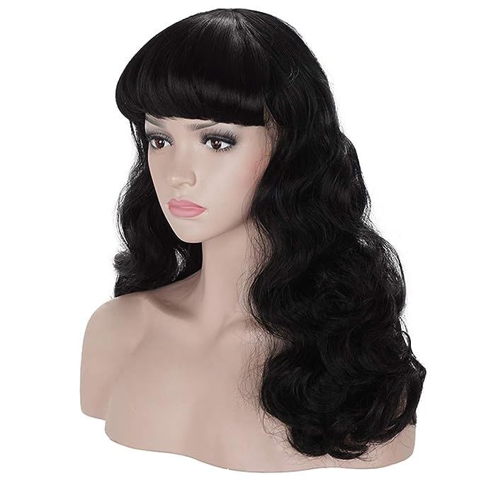 morvally 50s Vintage Medium Length Black Wigs with Bangs | Natural Wavy Synthetic Hair Wig for Wo... | Amazon (US)