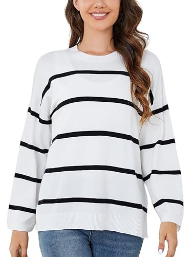 BHRGFYDW Striped Sweater Women Long Sleeve: Womens Crewneck Sweatshirt Stripe Pullover Knit Fall Stripes Sweaters Top Casual (Black and White,L) | Amazon (US)