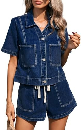 Kedera Women's Denim Two Piece Outfits Cropped Button Front Shirt Drawstring Jean Shorts Lounge S... | Amazon (US)