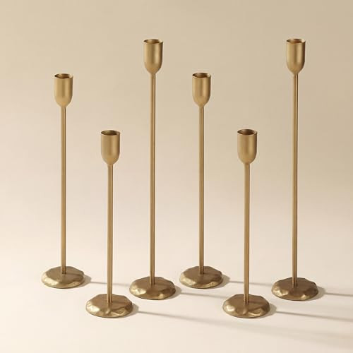 Perfnique Brass Candlestick Holders Set of 6 - Antique Gold Iron Candle Holders for Christmas, Birthday, Wedding, Party, Dining Table, Fireplace Mantel Decor (Gold) | Amazon (US)