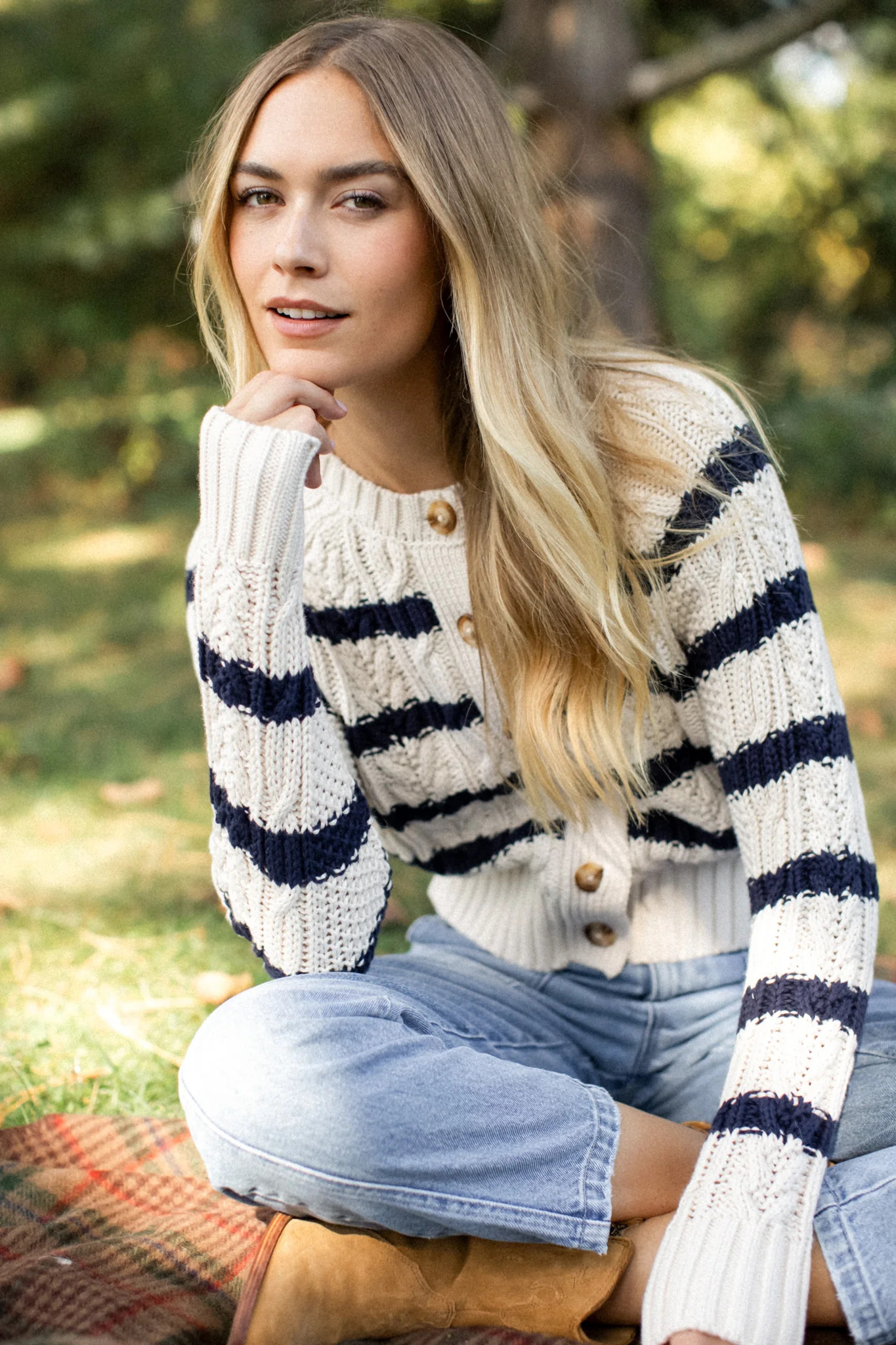 Striped Cable Cardigan - Ivory/Navy Stripe SALE | Marea