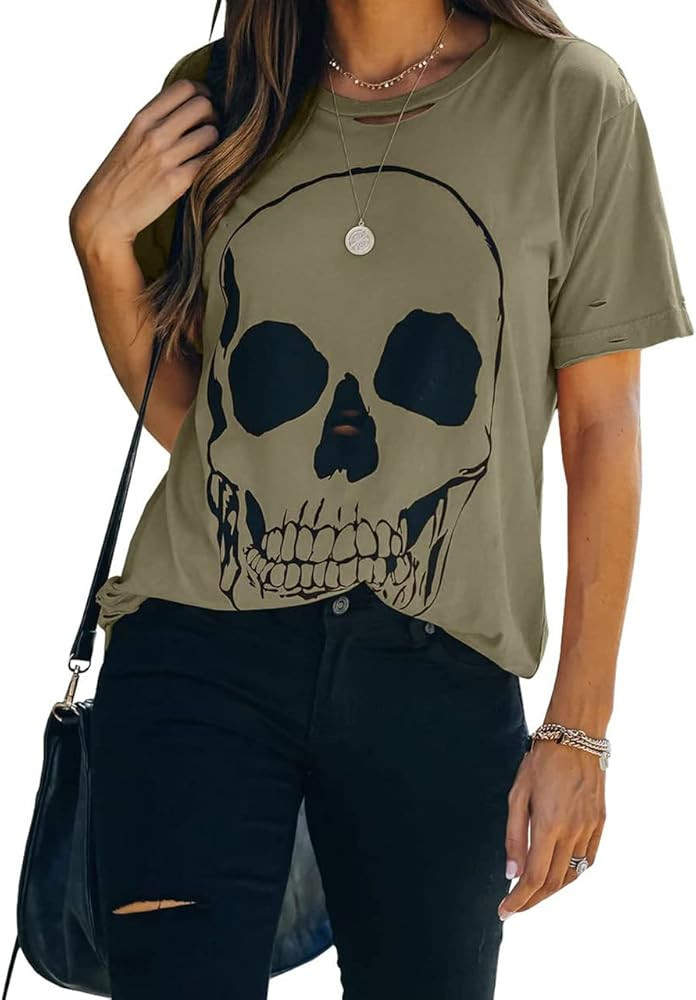 Veatzaer Summer Cotton Graphic Shirts Womens Short Sleeve Crewneck Tees Skull Distressed T Shirt ... | Amazon (US)