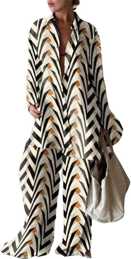 Stripe 2 Piece Outfits for Women Pants Sets Print Long Sleeve Button Down Shirts Blouses Tops Wid... | Amazon (US)