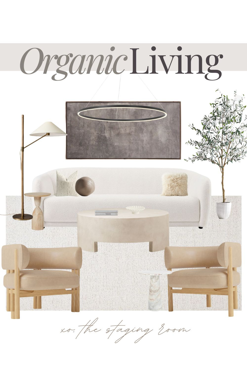 Transform your space into a sanctuary with this Organic Modern living room inspiration, designed for those who love a Quiet Luxury aesthetic. 

This curated mood board features a blend of soft textures and sculptural silhouettes, anchored by a stunning bouclé curved sofa and oak wood lounge chairs in a warm tan leather.

To achieve this minimalist home decor look, we’ve layered tonal neutrals with a heavy emphasis on natural materials. The concrete round coffee table adds a grounded, architectural element, while the large faux olive tree introduces a touch of greenery for an airy, organic feel. Lighting plays a key role with a sleek black halo chandelier and a brass floor lamp that provides the perfect editorial glow.

Shop the Look
Furniture: White bouclé sofa, tan leather and oak accent chairs, and a stone-finish coffee table.

Lighting: Modern minimalist ring pendant and an adjustable gold floor lamp.

Textiles: Neutral textured rug, faux fur lumbar pillow, and a striped linen cushion.

Accents: Potted olive tree, marble side table, and large-scale abstract wall art. 

 #organicmodern #quietluxury #neutralhome #LTKsale #LTKhome