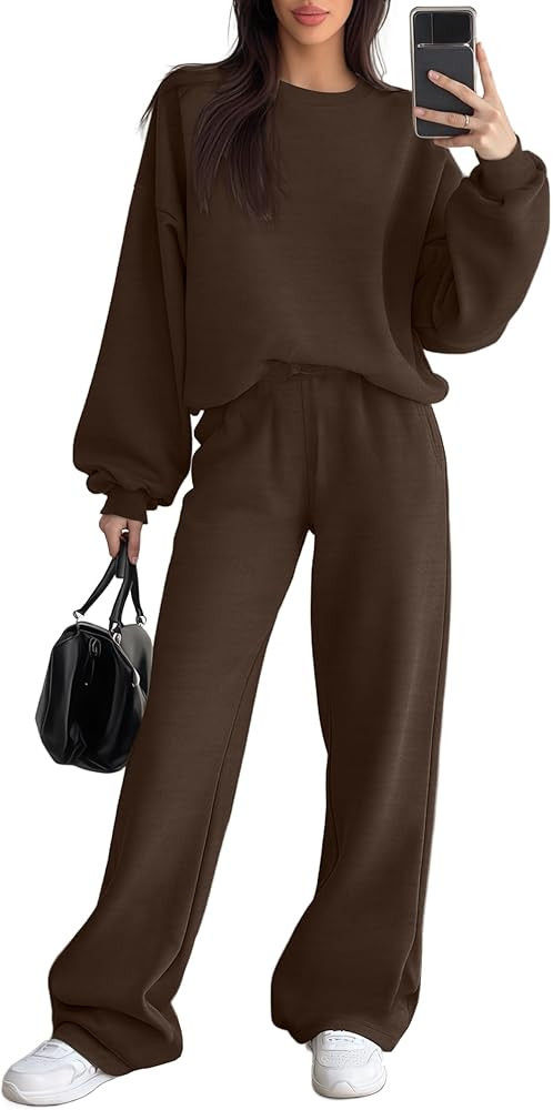 Women's 2 Piece Outfits Set Fleece Lined Lounge Sweatsuit Crewneck Pullover Top Wide Leg Pants Ca... | Amazon (US)