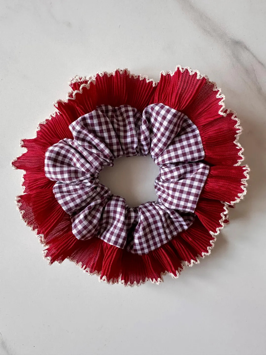 XL Mulberry Gingham Scrunchie: Red and White Frill Trim, Handmade Cotton Hair Accessory - Etsy UK | Etsy (US)