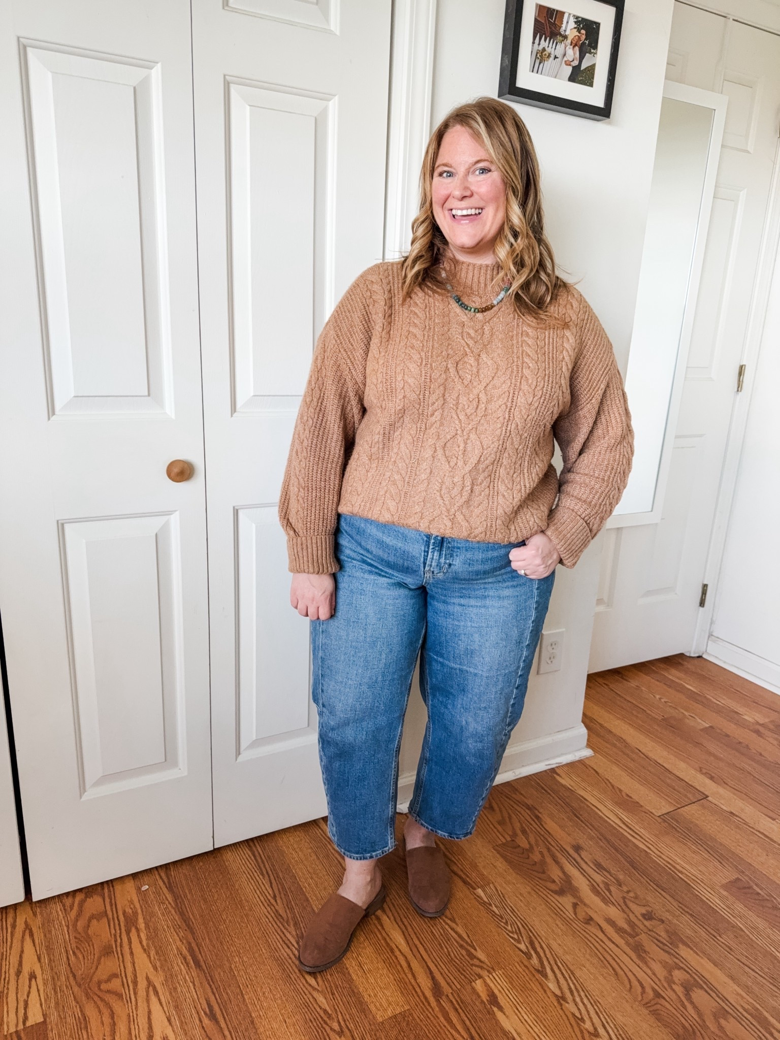 Wearing an XL in my sweater, 14 petite in my barrel jeans  

#LTKFindsUnder50 #LTKMidsize #LTKPetite