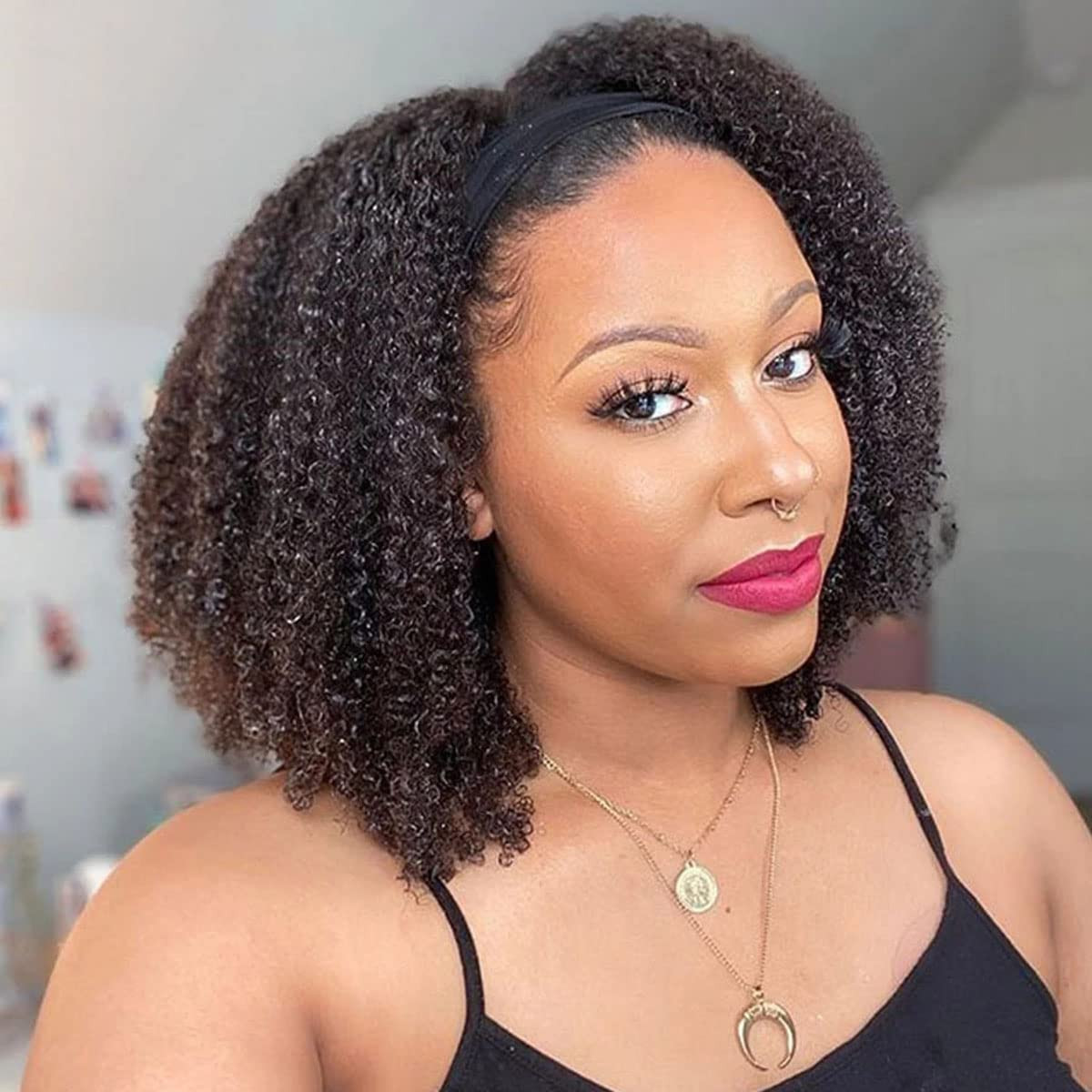 ISEE Wear and Go Mongolian Afro Kinky Curly Headband Wig Human Hair 200% Density Afro Wigs for Bl... | Amazon (US)