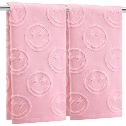 FuWeave 2 Pcs Smiling Face Hand Towels for Bathroom Pink Preppy Hand Towels 100% Cotton Absorbent Decorative Jacquard Weave Bath Decor Cute Bathroom Decor Gift, 13. 7 x 29. 5 Inch | Amazon (US)