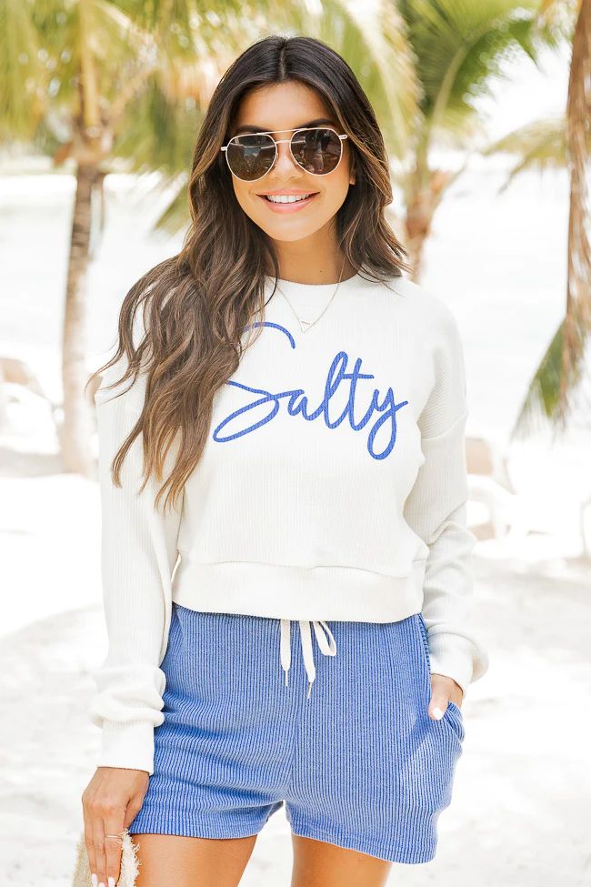 Salty Script Ivory Cropped Cord Graphic Sweatshirt | The Pink Lily Boutique