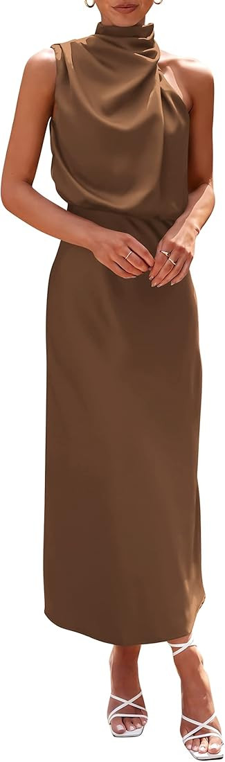 PRETTYGARDEN Women's 2023 Summer Satin Dress Elegant Sleeveless Mock Neck Cocktail Party Maxi Dre... | Amazon (US)