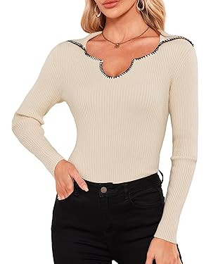 Collared Sweaters for Women Color Block Knit Pullover Top V Neck Slim Fitted Basic Tee | Amazon (US)