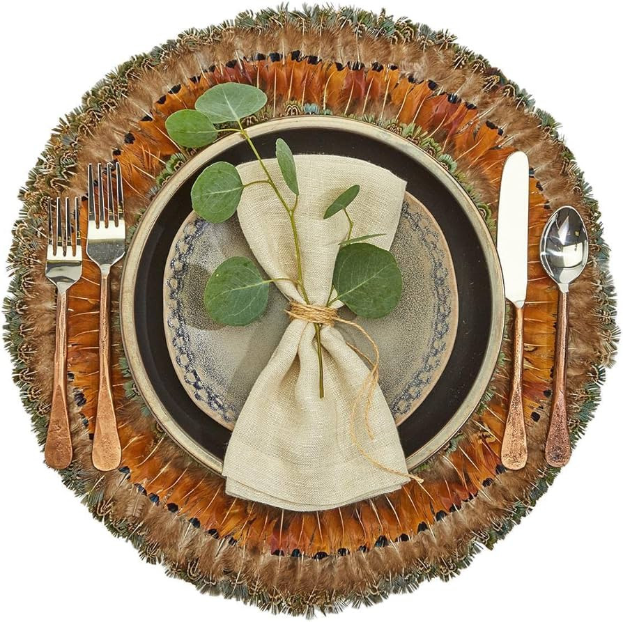 Two's Company Pheasant Park Set of 6 Round Decorative Mats - Pheasant Feathers | Amazon (US)