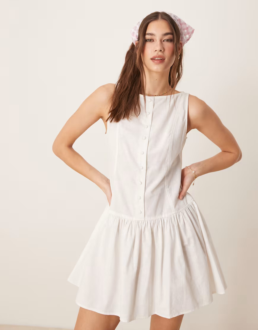 ASOS DESIGN slash neck button down dropped waist mini dress in white | ASOS (Global)