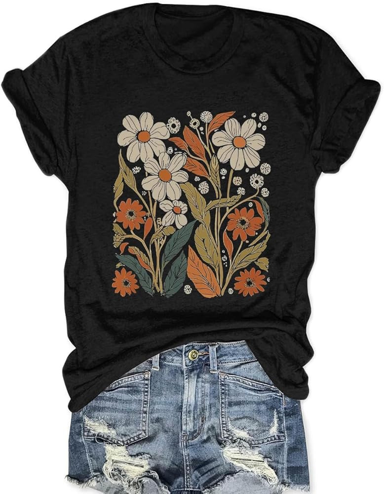 MZEAZRK Women Boho Wildflower Graphic Shirts Cute Daisy Plant T Shirt Short Sleeve Vacation Tops | Amazon (US)
