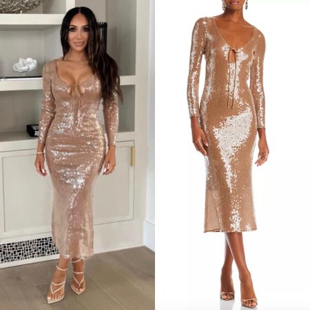 Melissa Gorga’s Nude Sequin Long Sleeve Dress is from Envy by MG // Shop Similar 📸 + Info= @envybymg