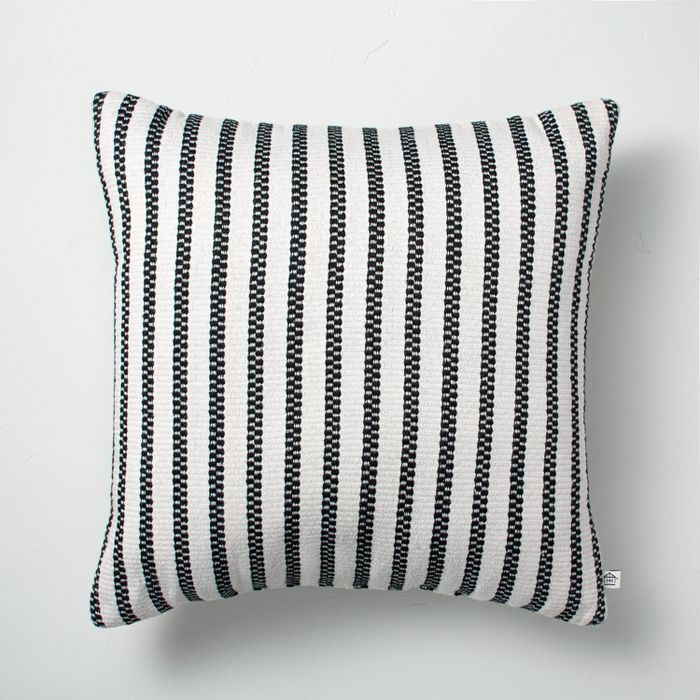 18" x 18" Vertical Stripes Indoor/Outdoor Throw Pillow Black/Sour Cream - Hearth & Hand™ with M... | Target