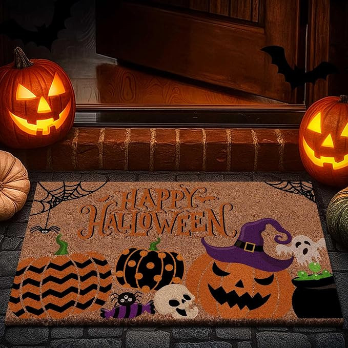 Lanpn Halloween Welcome Natural Coir Door Mat, Striped Spotted Pumpkin Coco Front Door Outdoor Do... | Amazon (US)
