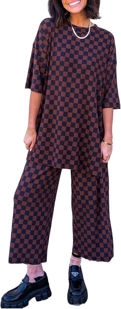 NUFIWI Women’s Two Piece Lounge Outfits Oversized Short Sleeve Shirt Top Wide Leg Crop Pants Se... | Amazon (US)