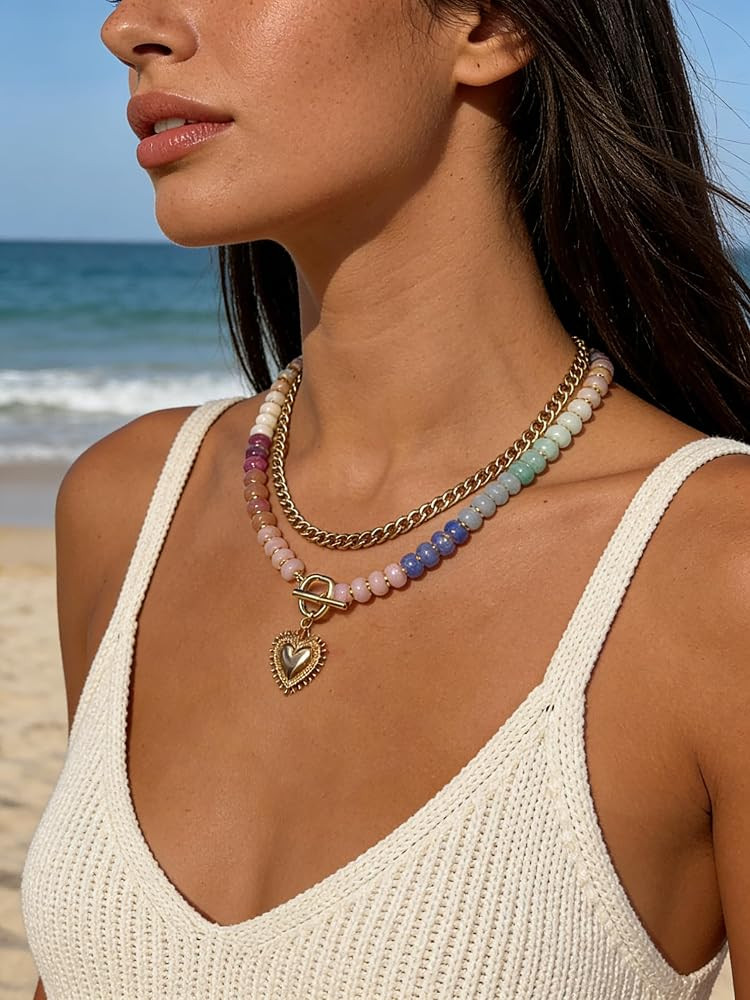 Layered Necklaces for Women, 14K Gold Plated Heart Pendant & Colorful Acrylic Beaded Choker, Cute... | Amazon (US)