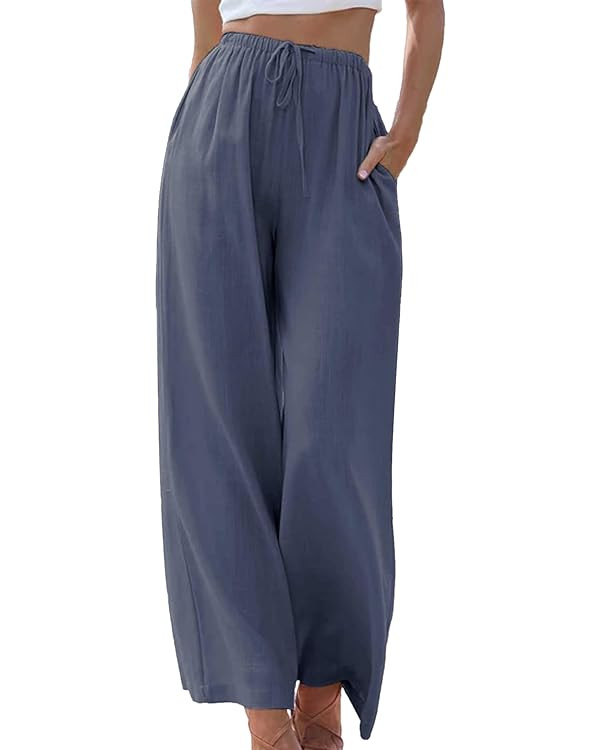 Duyang Womens Cotton Linen Palazzo Pants Drawstring Elastic Waist Casual Wide Leg Trousers with P... | Amazon (US)