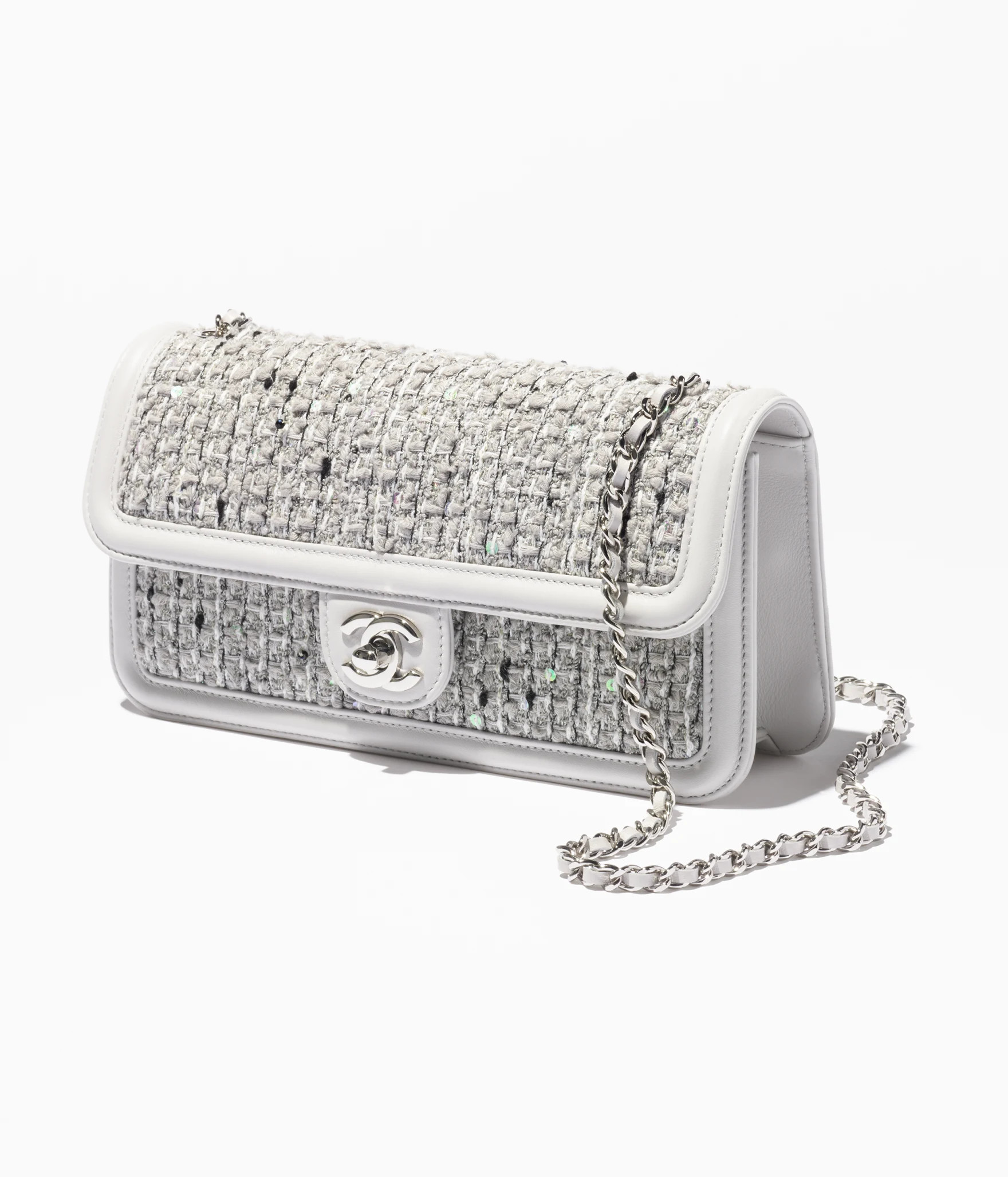Small flap bag, Tweed, lambskin & silver-tone metal, light gray, white & black — Fashion | CHAN... | Chanel, Inc. (US)
