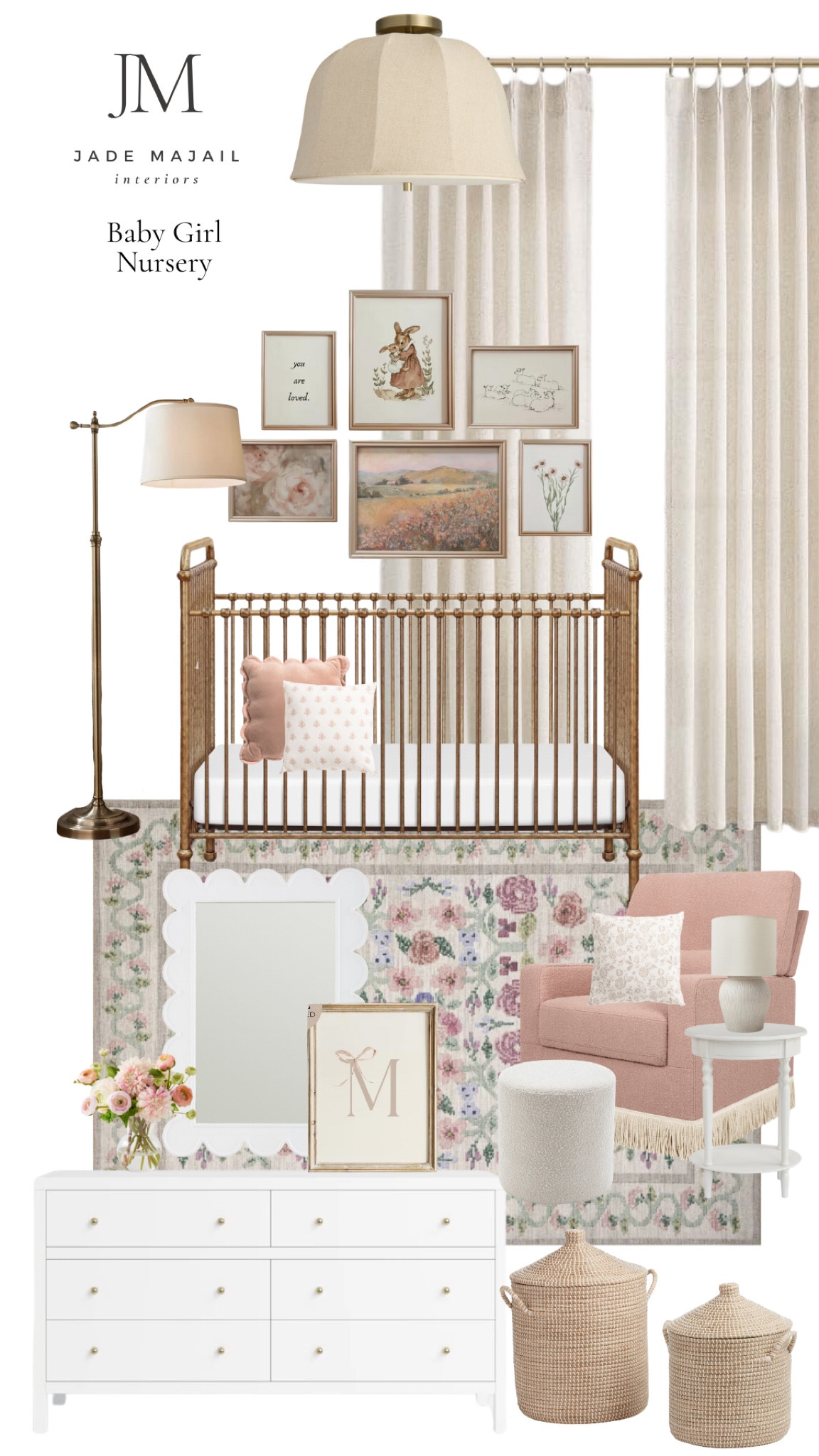 Loving this blush baby girl nursery design 🎀

Crib, pink glider, table lamp, accent pillows, scalloped mirror, floor lamp, wall art, white dresser, gallery wall, curtains, semi flush light fixture, ottoman, rug, home decor

#LTKBaby #LTKFamily