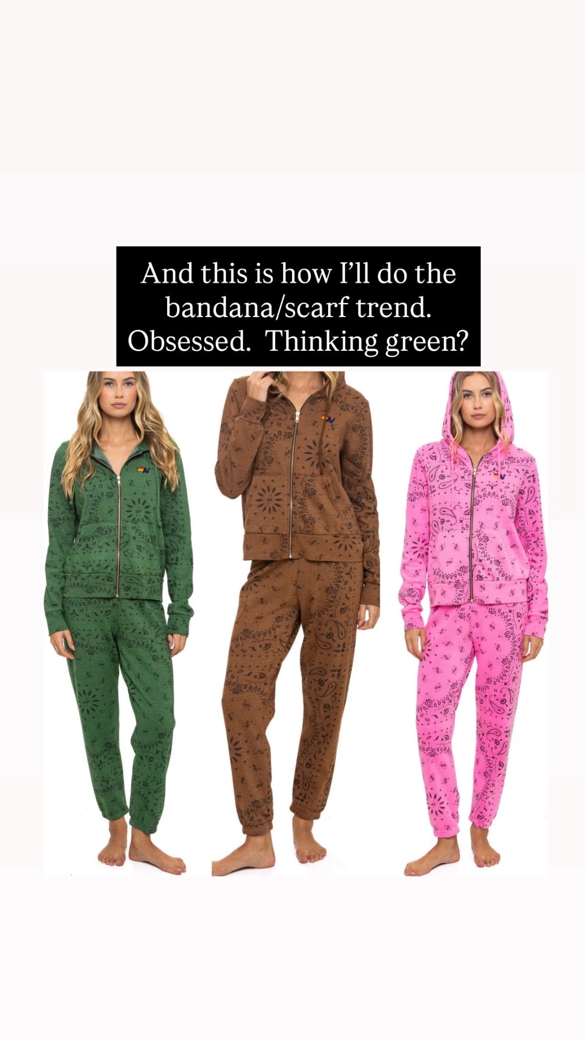 Obsessed with the bandana trend! I size up in the bottoms to medium.  Lots of colors on the site!  Sizes going quickly  