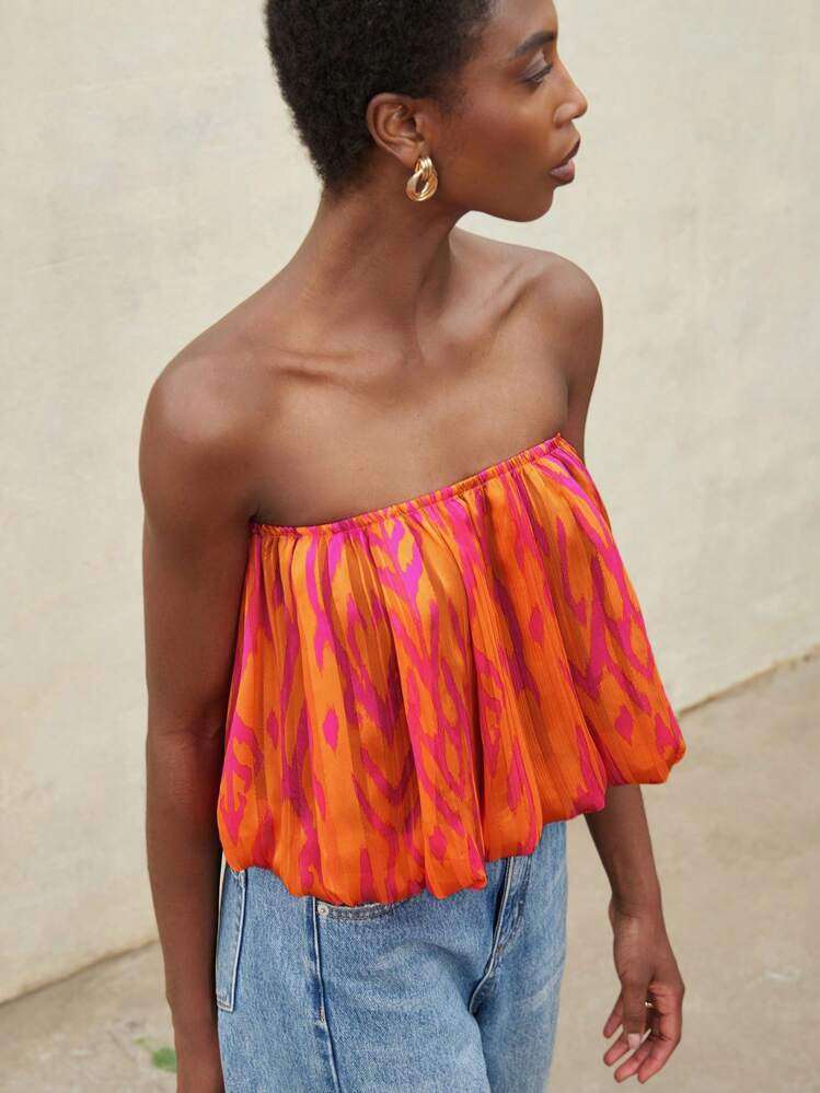 Frievida Women Vacation Beach Style Oil Painting Print Chiffon Halter Cropped Top, Spring/Summer | SHEIN