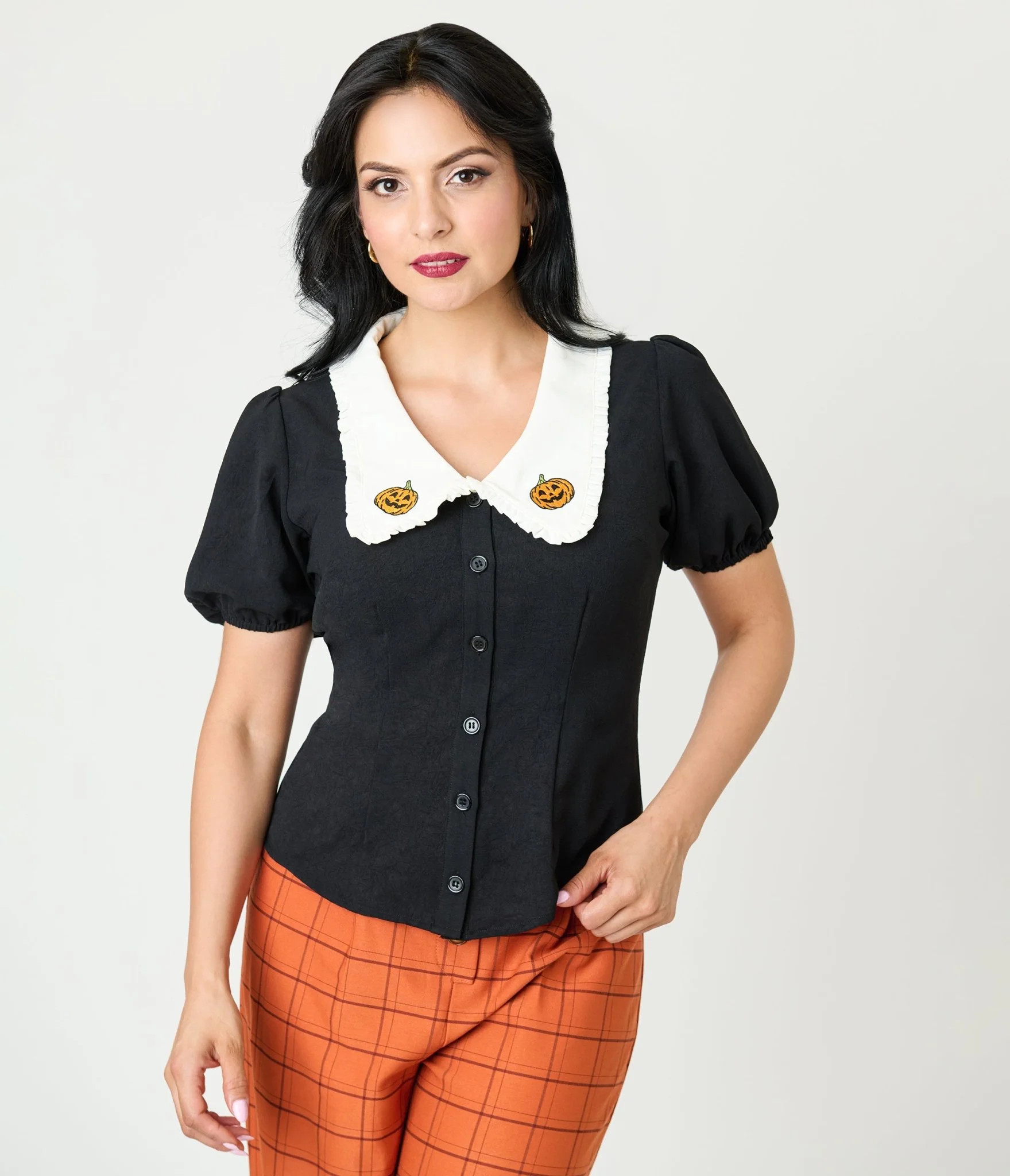 Unique Vintage Black Pumpkin Embroidered Oversized Collar Blouse | UniqueVintage