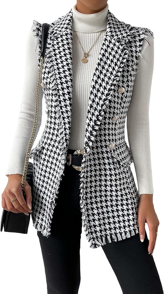Women's Houndstooth Print Sleeveless Lapel Raw Trim Button Front Long Vest Jacket | Amazon (US)