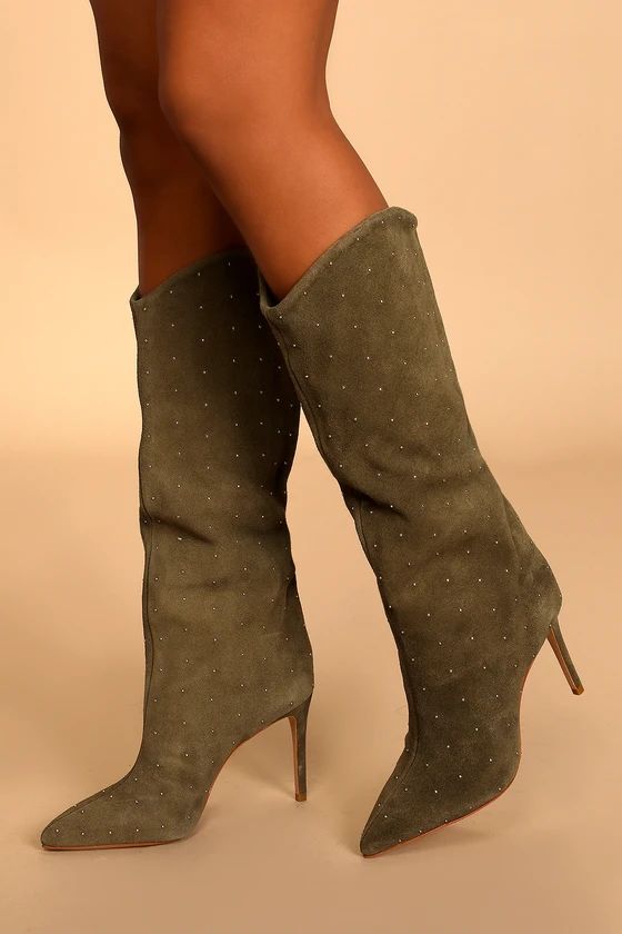 Maryana Aspen Green Suede Leather Studded Knee-High Boots | Lulus (US)