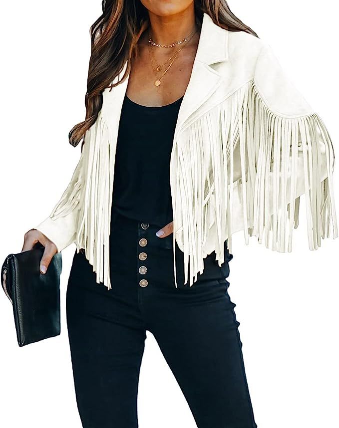 CHARTOU Women's Chic Cropped Tassel Fringe Faux Suede Moto Jacket | Amazon (US)