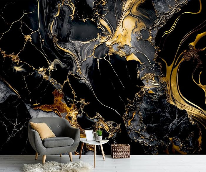 PYFFYP- Abstract Black and Gold Marble Wallpaper murals for Bathroom(Not Peel and Stick) | Amazon (US)