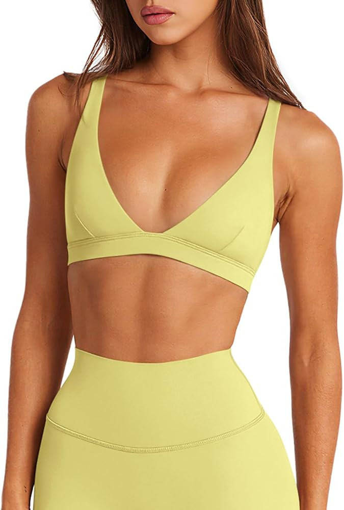 LASLULU Womens Deep V-Neck Sports Bra Padded Wireless U Back Workout Bra Low Impact Gym Workout Y... | Amazon (US)