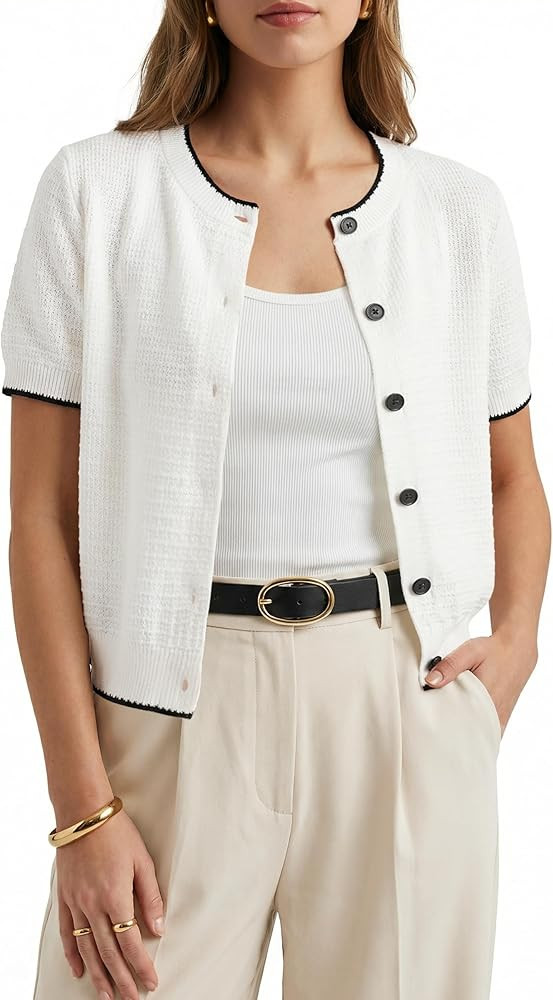 Arach&Cloz Women's 100% Cotton Regular Fit Cropped Cardigan Contrast Trim Button Front Work Tops ... | Amazon (US)