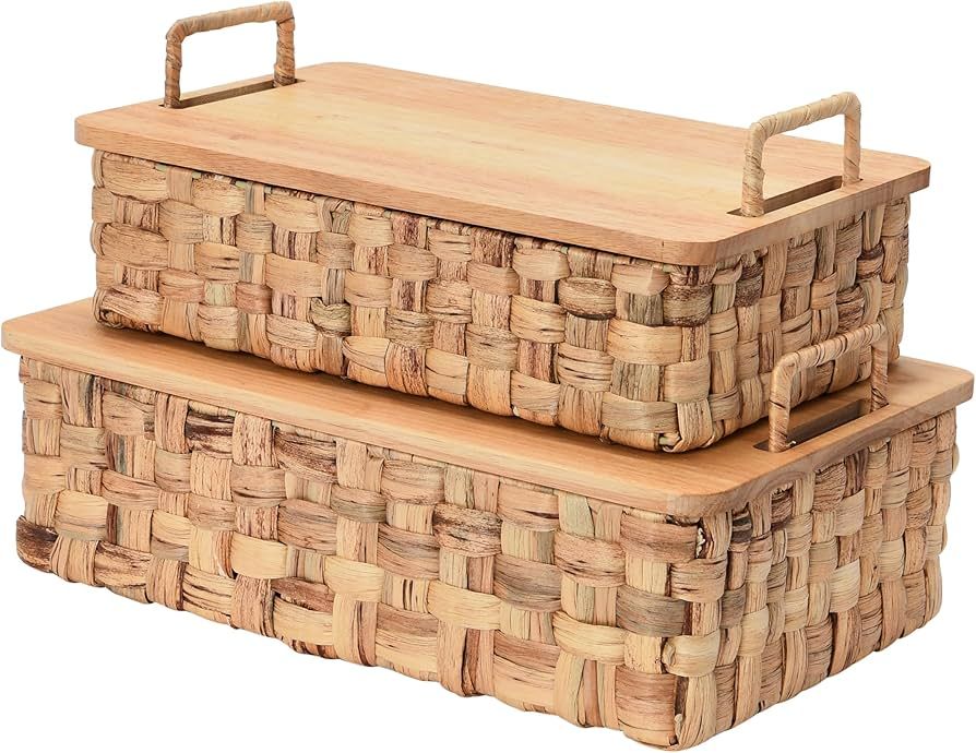 Household Essentials, Natural Stackable Hyacinth Baskets with Oak Lids, Set of 2 | Amazon (US)