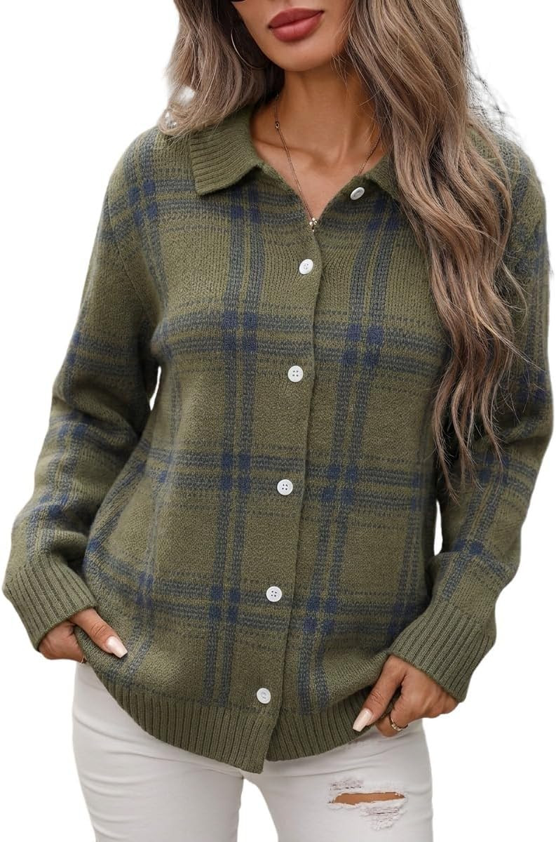 ZAFUL Women's Plaid Checkered Cardigan Sweater Fall Button Front Collared | Amazon (US)