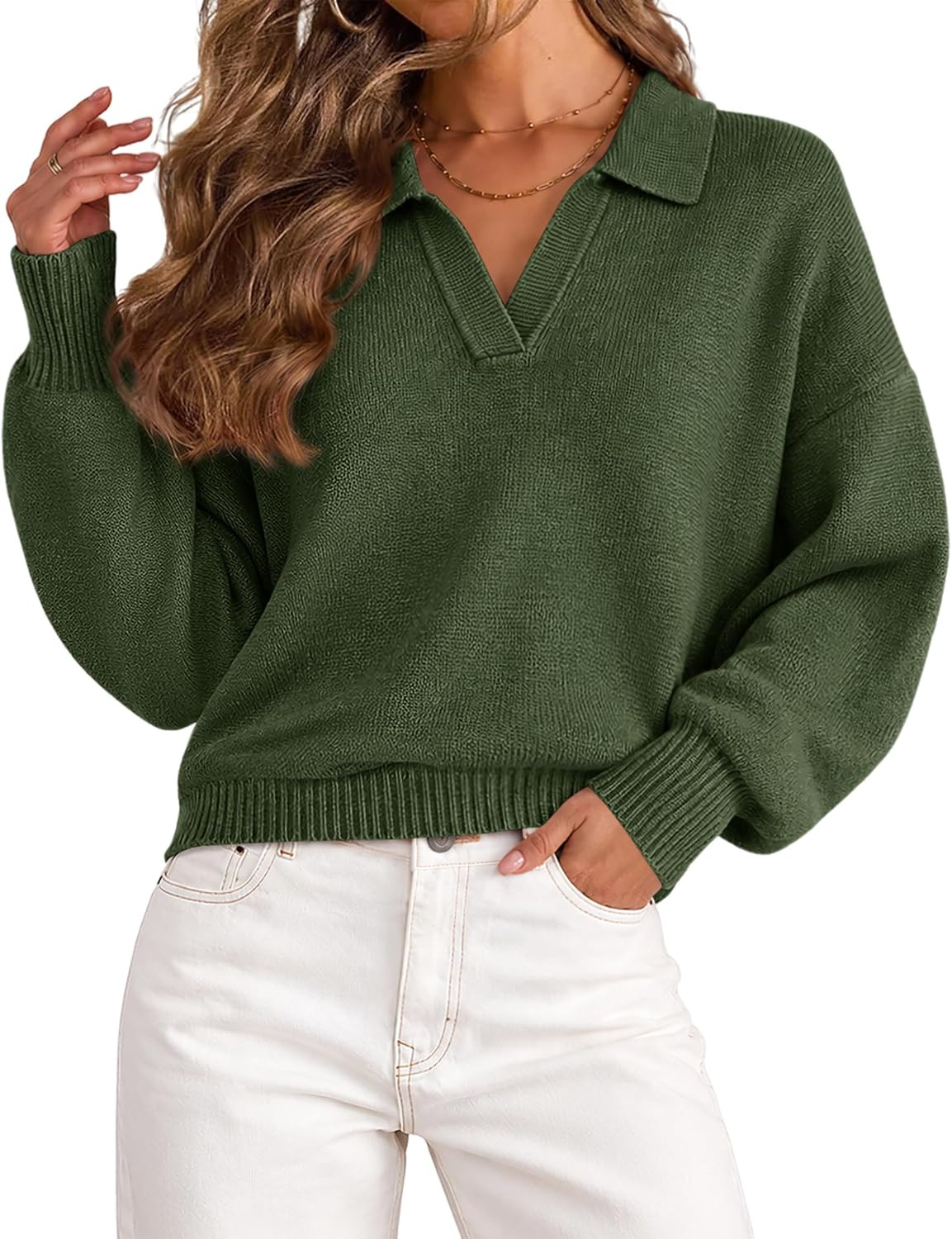 Lazysmile Women's Oversized Polo V Neck Knit Sweater Fall Outfits | Amazon (US)