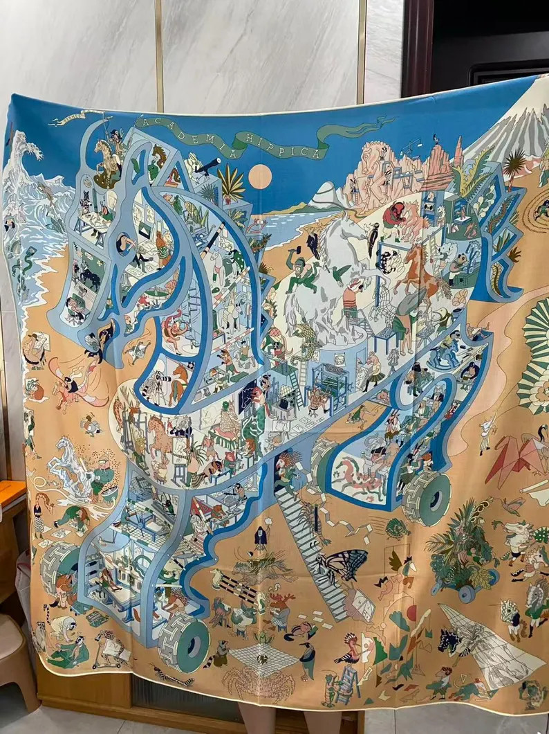 HERMES Scarf 140 "academia Hippica" Blue Beige Cashmere Silk Vintage Authentic - Etsy | Etsy (US)