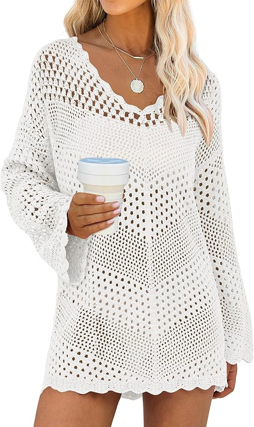 ANRABESS Women Swimsuit Crochet Swim Cover Up Summer Bathing Suit Swimwear V Neck Mesh Knit Beach... | Amazon (US)