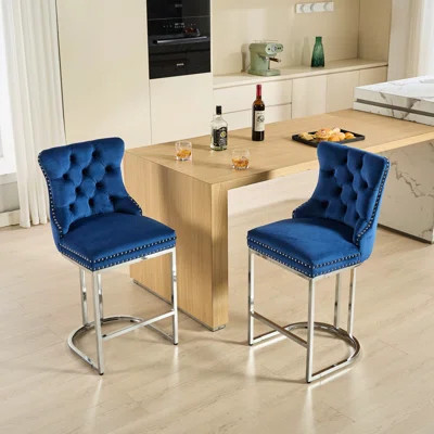 26" Counter Height Bar Stools, Modern Velvet With Button Back&Rivet Trim, Metal Base, For Dining Room&Bar Kitchen&Home&Bar&Dining Room | Wayfair North America