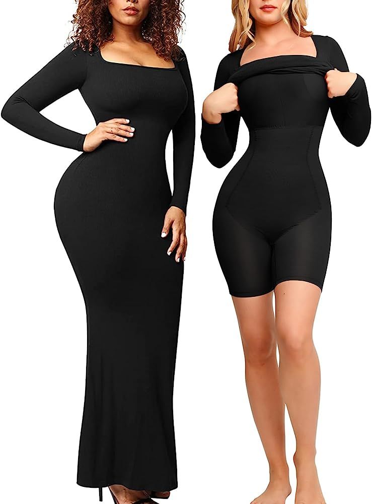 Popilush Shaper Dress Bodycon Maxi/Mini Built in Shapewear Bra 8 in 1 Women Lounge Long Sleeve Dr... | Amazon (US)