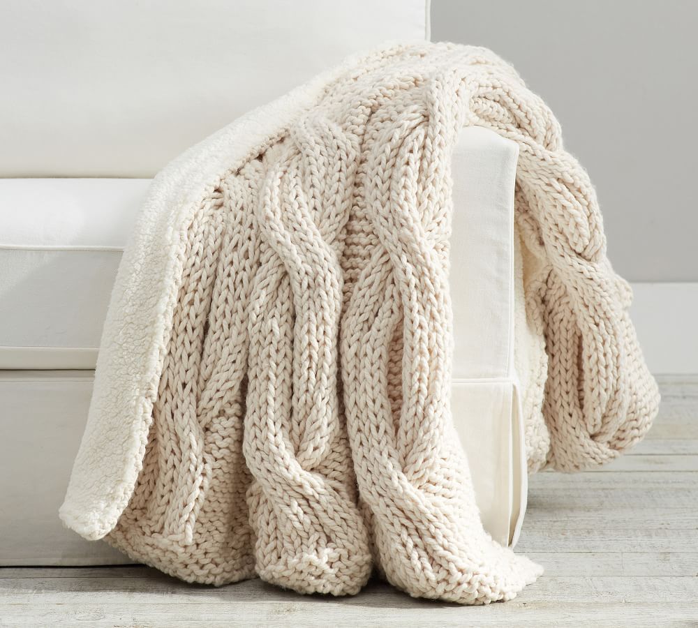 Alpine Handknit Cable Sherpa Back Throw, 50 x 60&amp;quot;, Ivory | Pottery Barn (US)