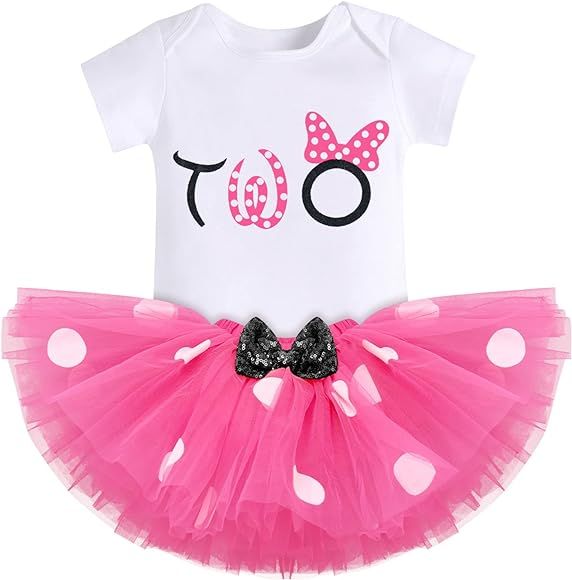 Baby Girls 1st Birthday Outfit Polka Dots ONE Romper Tutu Skirt Mouse Ears Headband Cake Smash Co... | Amazon (US)